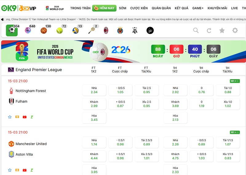 Kèo Bóng Đá Ngoại Hạng Anh - Tỷ Lệ Kèo Hấp Dẫn Nhất OK9 1 Bảng Tỷ Lệ Kèo Bóng Đá Ngoại Hạng Anh Hôm Nay Tại OK9